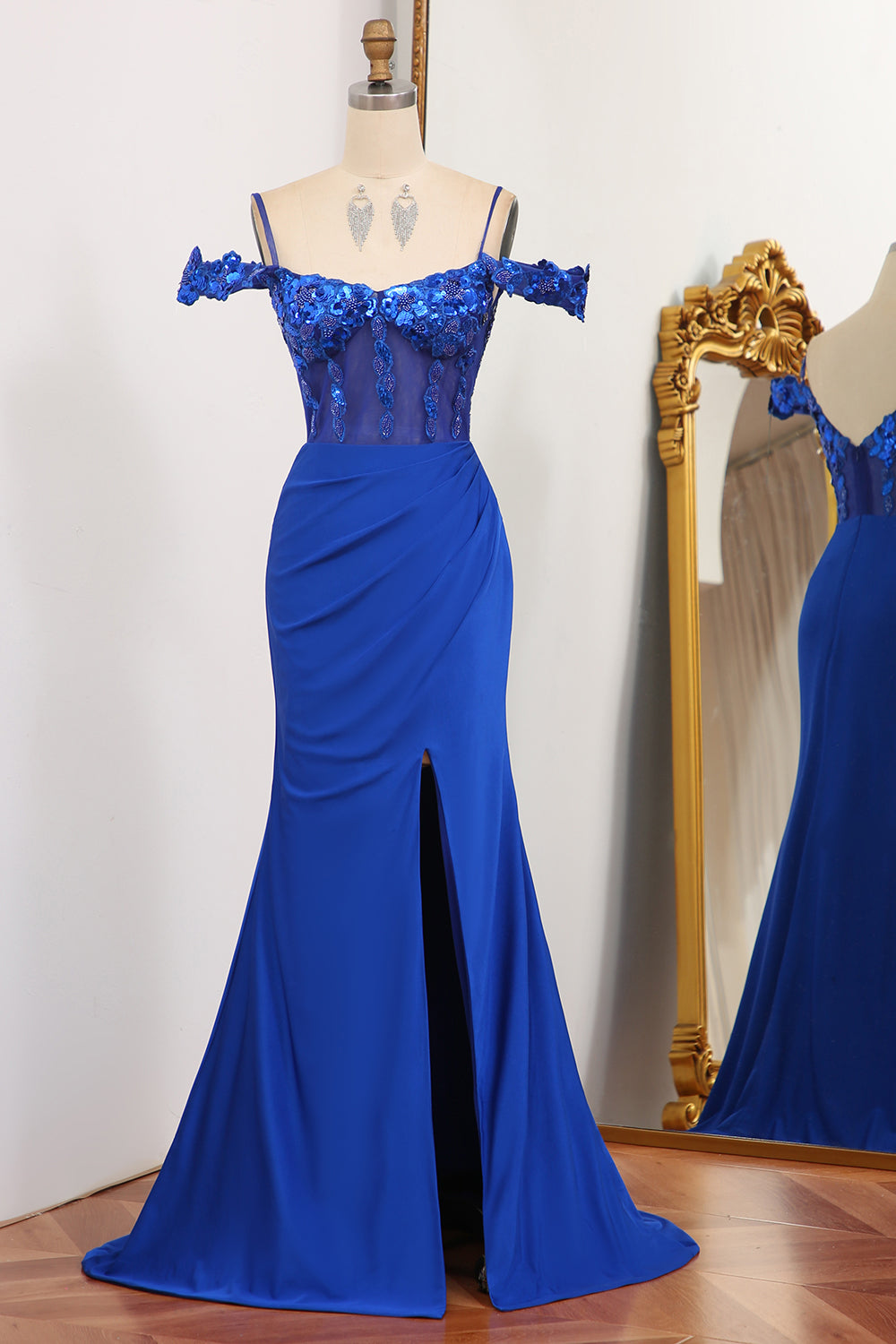 Luolandi Royal Blue Mermaid Off The Shoulder Sparkly Sequins Prom Dress With Front Slit Sexy Evening Dress